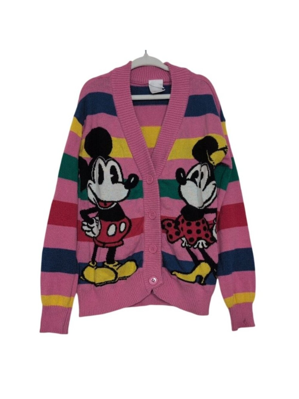 Disney 100 Stripe Cardigan Girls Size Small Pink Mickey Minnie Mouse Knit Casual